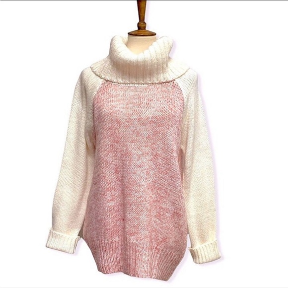 NWT ModCloth Raglan Cowl Neck Pink Color Block Cozy Knit Turtleneck Sweater LG - Picture 4 of 12